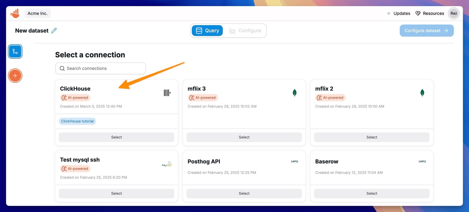 Выбор �подключения ClickHouse для датасета