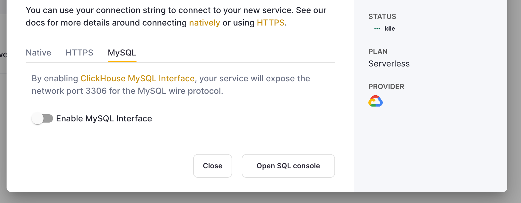 Включение интерфейса MySQL в настройках ClickHouse Cloud