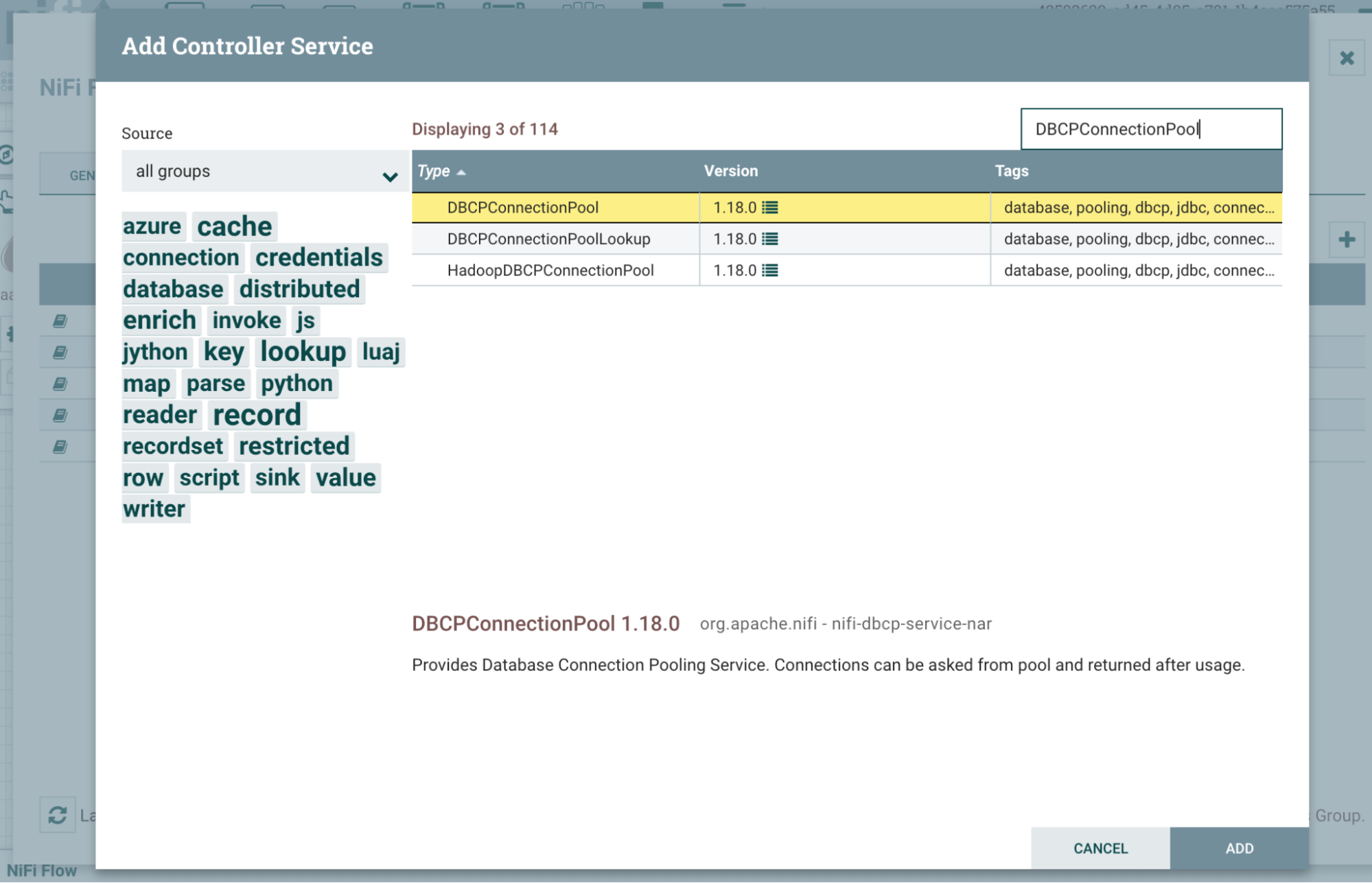 Диалог выбор�а Controller Service с выделенным DBCPConnectionPool